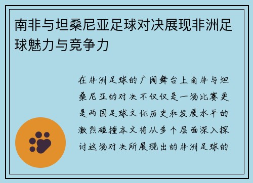 南非与坦桑尼亚足球对决展现非洲足球魅力与竞争力